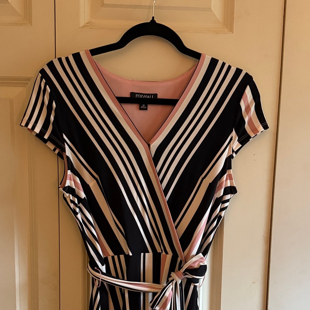 Roz & Ali Black and Pink Striped Midi Dress